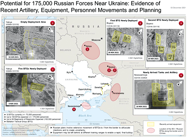 An unclassified U.S. intelligence document on Russian military movement shows new positions of up to 50 new BTGs in place. Source: The Washington Post